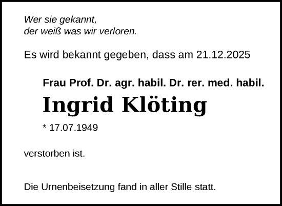 Traueranzeige von Ingrid Klöting von Nordkurier Grosso