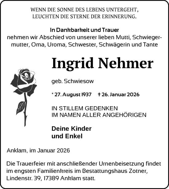 Traueranzeige von Ingrid Nehmer von Nordkurier Vorpommern Kurier, Nordkurier Grosso