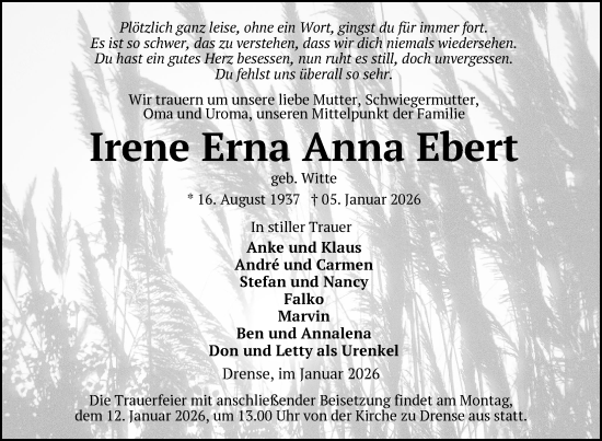 Traueranzeige von Irene Erna Anna Ebert von Uckermark Kurier Prenzlauer Zeitung