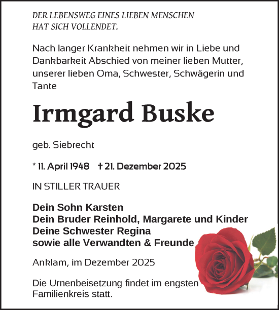 Traueranzeige von Irmgard Buske von Nordkurier Vorpommern Kurier
