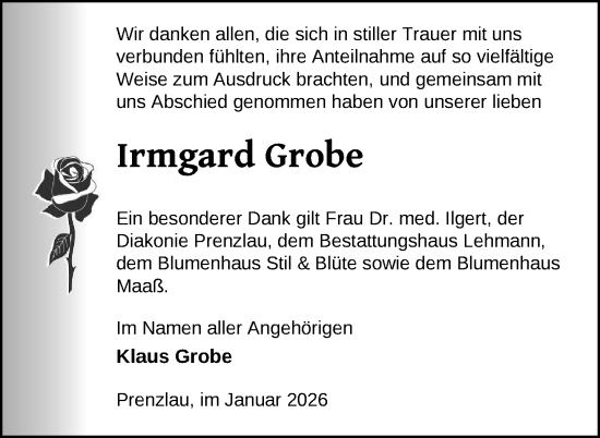 Traueranzeige von Irmgard Grobe von Uckermark Kurier Prenzlauer Zeitung