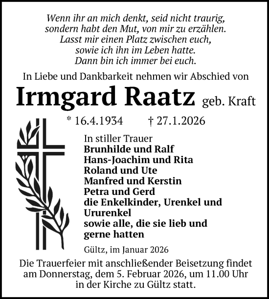 Traueranzeige von Irmgard Raatz von Nordkurier Neubrandenburger Zeitung, Nordkurier Grosso, Nordkurier Demminer Zeitung
