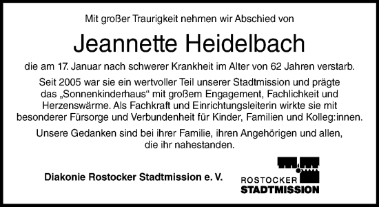 Traueranzeige von Jeannette Heidelbach von Norddeutsche Neueste Nachrichten