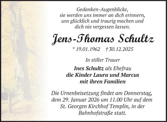 Traueranzeige von Jens-Thomas Schultz von Uckermark Kurier Templiner Zeitung
