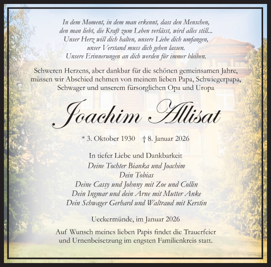 Traueranzeige von Joachim Allisat von Nordkurier Haff-Zeitung