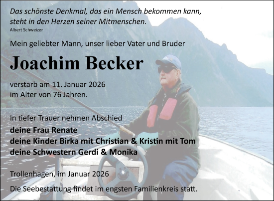 Traueranzeige von Joachim Becker von Nordkurier Neubrandenburger Zeitung