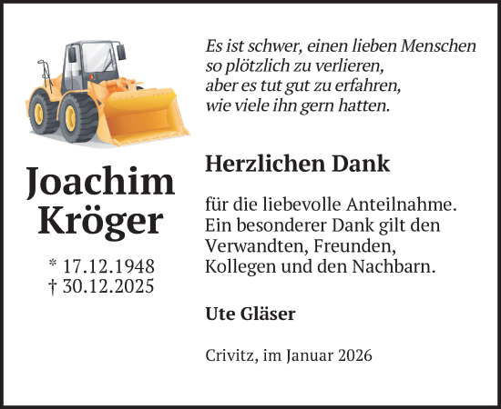 Traueranzeige von Joachim Kröger von Zeitung für die Landeshauptstadt