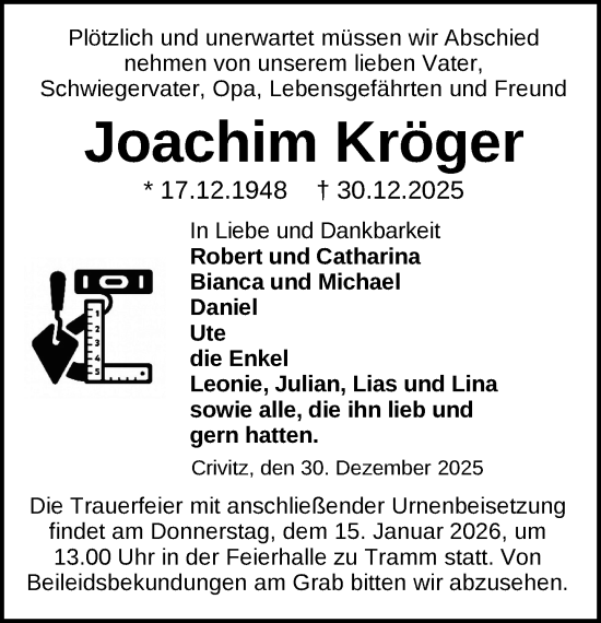 Traueranzeige von Joachim Kröger von Zeitung für die Landeshauptstadt