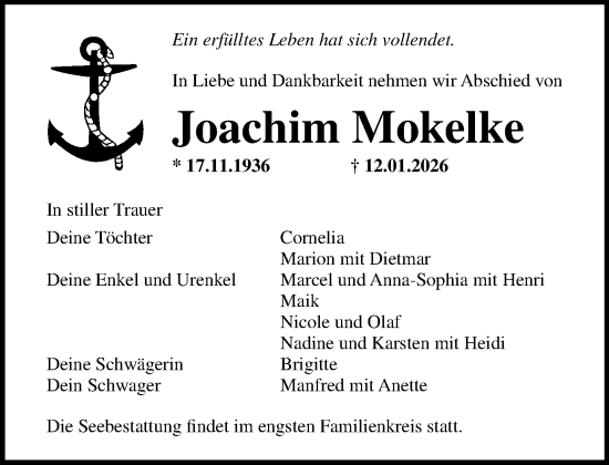 Traueranzeige von Joachim Mokelke von Norddeutsche Neueste Nachrichten