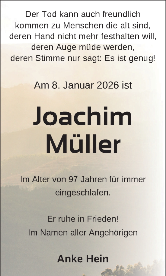 Traueranzeige von Joachim Müller von Zeitung für die Landeshauptstadt