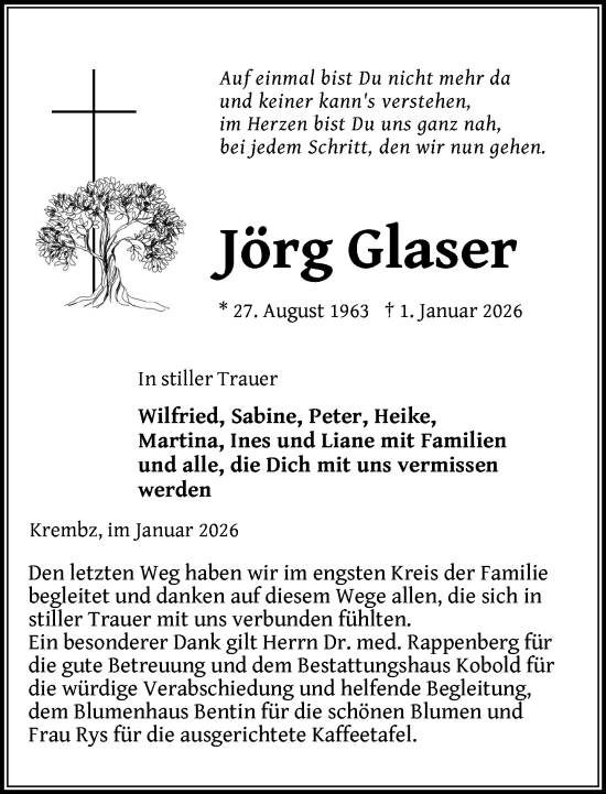 Traueranzeige von Jörg Glaser von Gadebusch - Rehnaer Zeitung