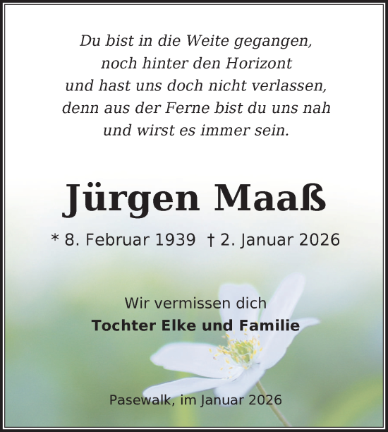 Traueranzeige von Jürgen Maaß von Nordkurier Grosso