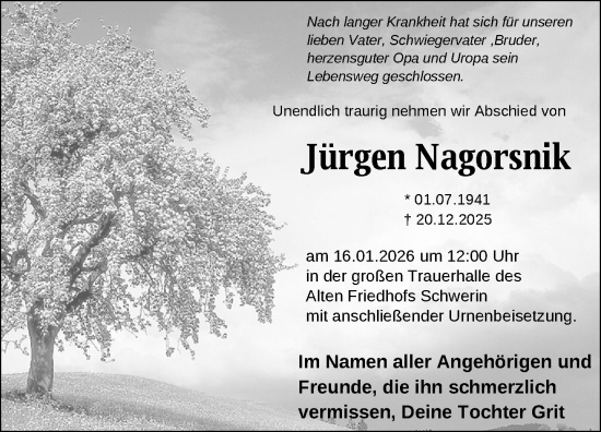 Traueranzeige von Jürgen Nagorsnik von Zeitung für die Landeshauptstadt