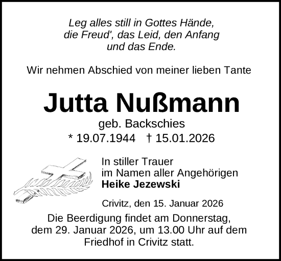Traueranzeige von Jutta Nußmann von Zeitung für die Landeshauptstadt