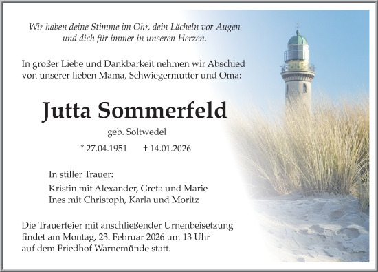 Traueranzeige von Jutta Sommerfeld von Norddeutsche Neueste Nachrichten