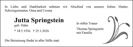 Traueranzeige von Jutta Springstein von Zeitung für die Landeshauptstadt