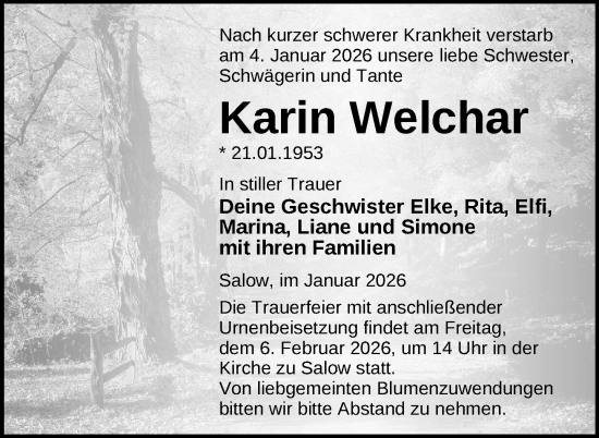 Traueranzeige von Karin Welchar von Nordkurier Neubrandenburger Zeitung