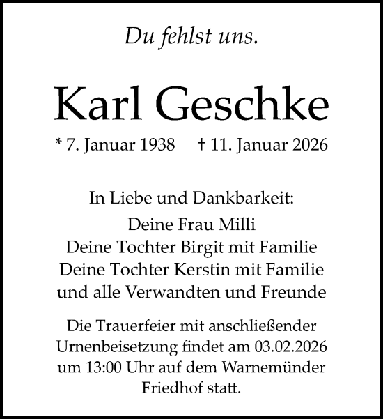 Traueranzeige von Karl Geschke von Norddeutsche Neueste Nachrichten