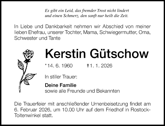 Traueranzeige von Kerstin Gütschow von Norddeutsche Neueste Nachrichten