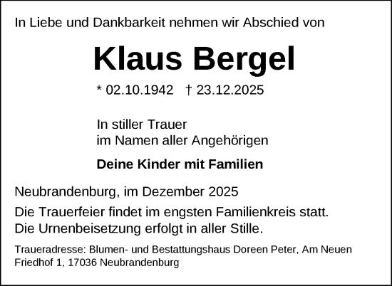 Traueranzeige von Klaus Bergel von Nordkurier Neubrandenburger Zeitung