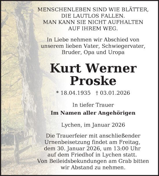 Traueranzeige von Kurt Werner Proske von Uckermark Kurier Templiner Zeitung