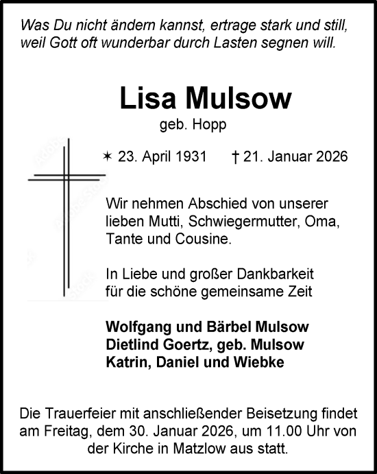 Traueranzeige von Lisa Mulsow von Parchim und Lübz