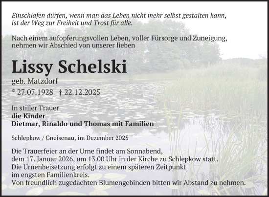 Traueranzeige von Lissy Schelski von Uckermark Kurier Prenzlauer Zeitung