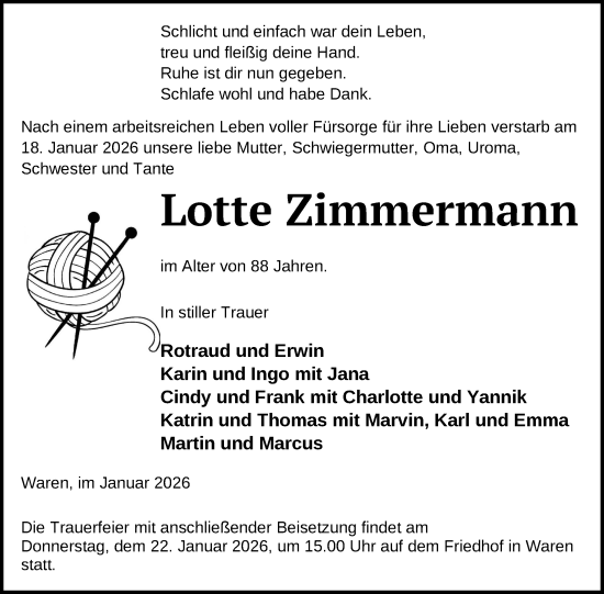 Traueranzeige von Lotte Zimmermann von Nordkurier Müritz-Zeitung