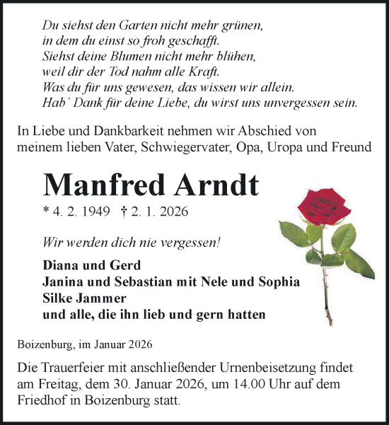Traueranzeige von Manfred Arndt von Hagenower Kreisblatt