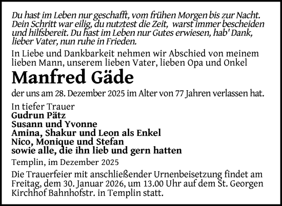 Traueranzeige von Manfred Gäde von Uckermark Kurier Templiner Zeitung