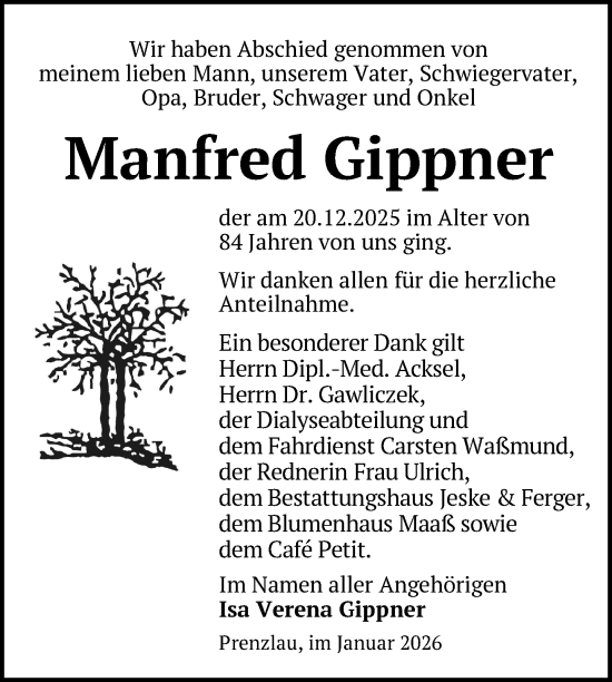 Traueranzeige von Manfred Gippner von Uckermark Kurier Prenzlauer Zeitung