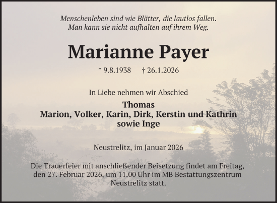Traueranzeige von Marianne Payer von Nordkurier Strelitzer Zeitung