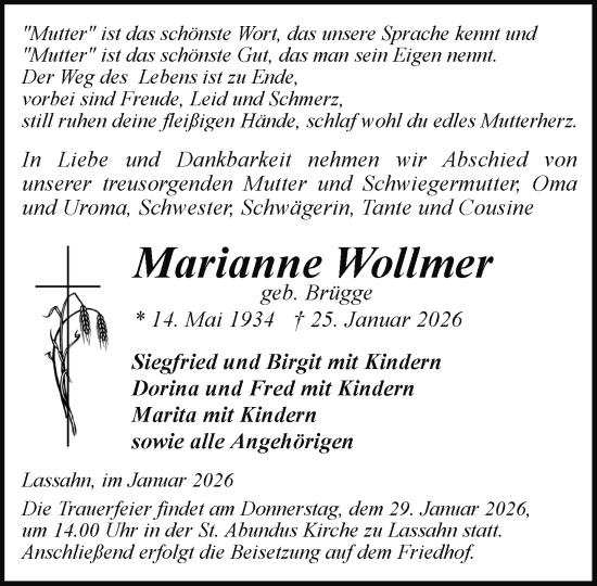 Traueranzeige von Marianne Wollmer von Hagenower Kreisblatt