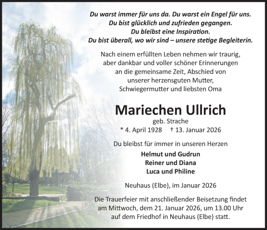 Traueranzeige von Mariechen Ullrich von Hagenower Kreisblatt