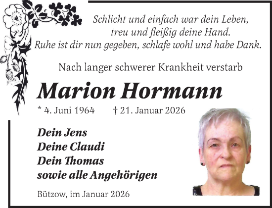 Traueranzeige von Marion Hormann von Güstrow und Bützow