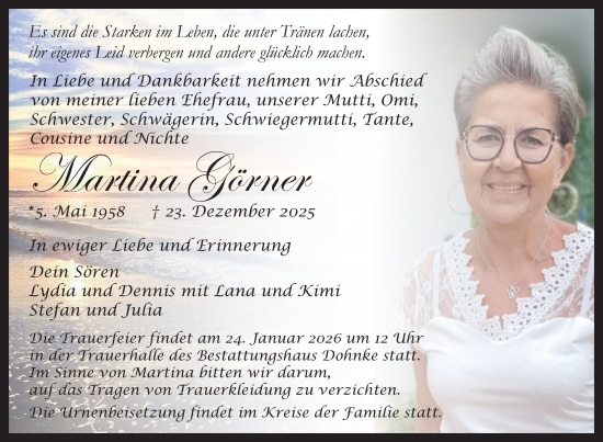 Traueranzeige von Martina Görner von Nordkurier Haff-Zeitung