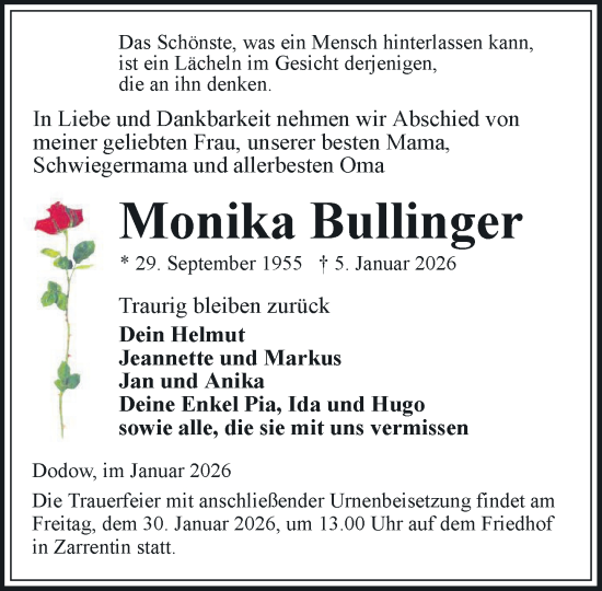 Traueranzeige von Monika Bullinger von Hagenower Kreisblatt