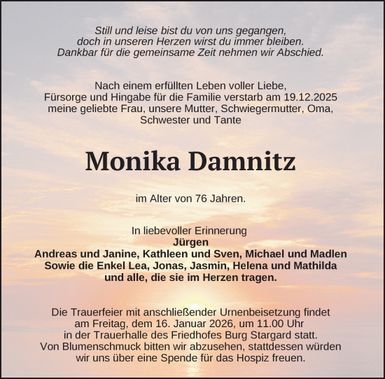 Traueranzeige von Monika Damnitz von Nordkurier Neubrandenburger Zeitung