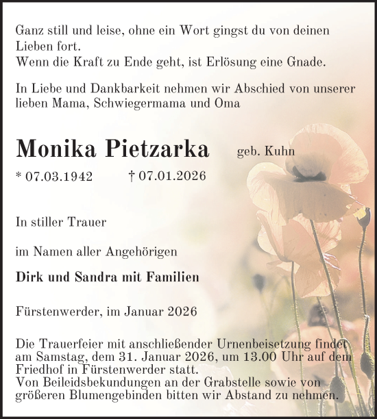 Traueranzeige von Monika Pietzarka von Uckermark Kurier Prenzlauer Zeitung