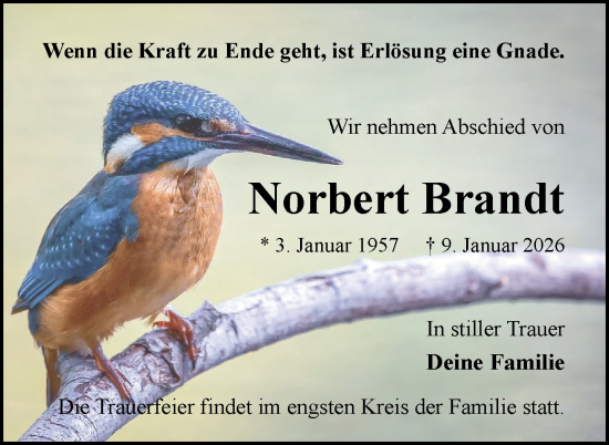 Traueranzeige von Norbert Brandt von Nordkurier Neubrandenburger Zeitung