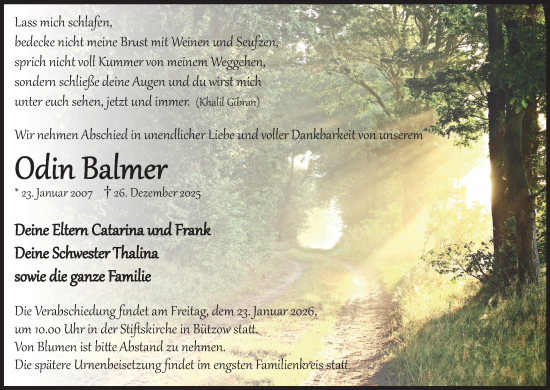 Traueranzeige von Odin Balmer von Güstrow und Bützow