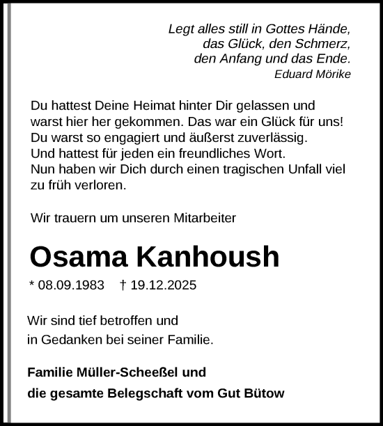 Traueranzeige von Osama Kanhoush von Nordkurier Müritz-Zeitung
