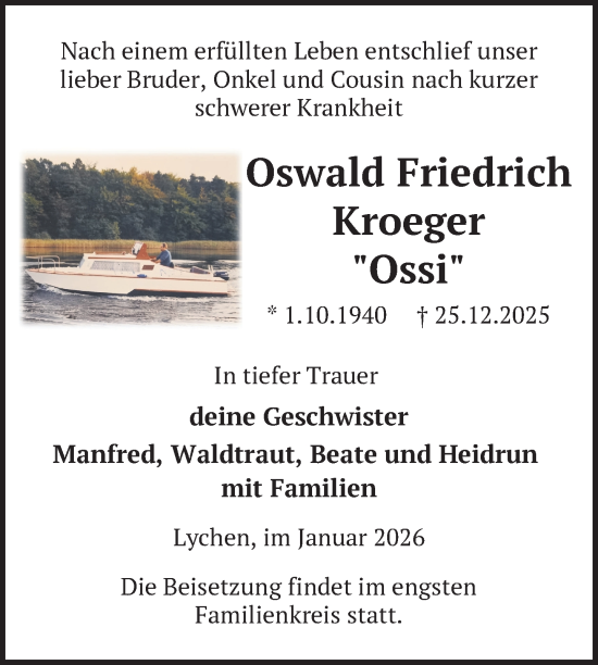 Traueranzeige von Oswald Friedrich Kroeger von Uckermark Kurier Templiner Zeitung