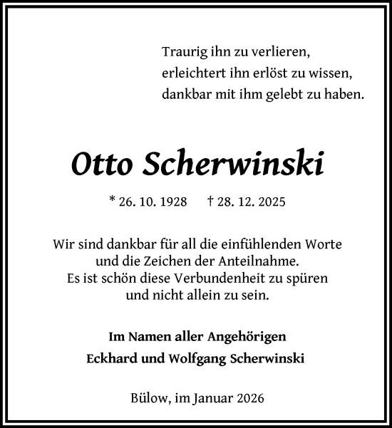 Traueranzeige von Otto Scherwinski von Gadebusch - Rehnaer Zeitung