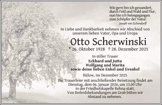 Traueranzeige von Otto Scherwinski von Gadebusch - Rehnaer Zeitung