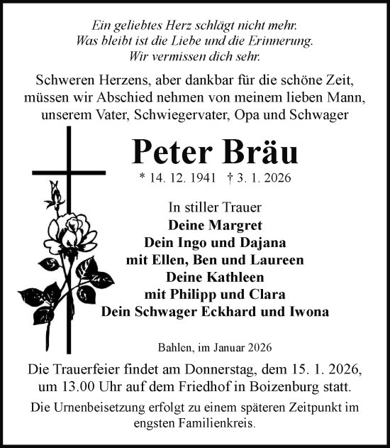 Traueranzeige von Peter Bräu von Hagenower Kreisblatt
