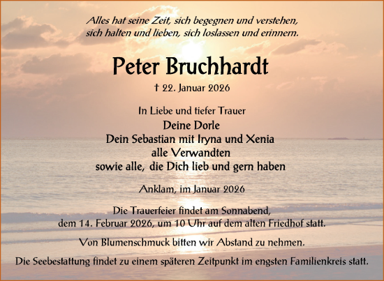 Traueranzeige von Peter Bruchhardt von Nordkurier Vorpommern Kurier, Nordkurier Grosso