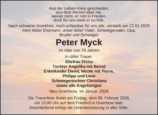 Traueranzeige von Peter Myck von Nordkurier Grosso, Nordkurier Pasewalker Zeitung
