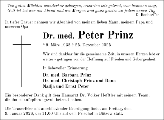 Traueranzeige von Peter Prinz von Güstrow und Bützow