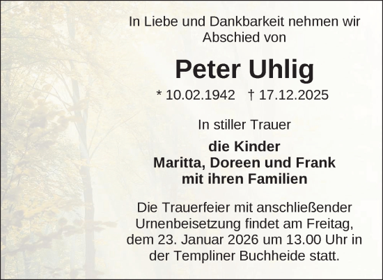 Traueranzeige von Peter Uhlig von Uckermark Kurier Templiner Zeitung